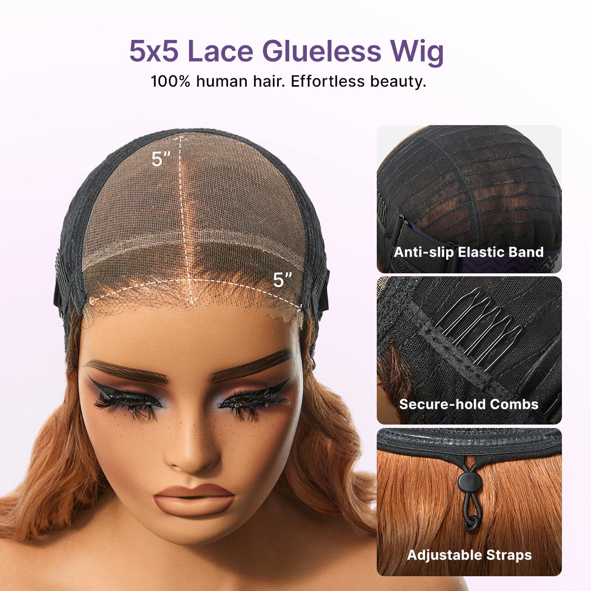 Luvme Hair Ombre Ginger loose wave HD lace wig with 5x5 closure, glueless, pre-cut lace, and flexible drawstring fit.