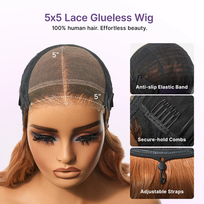 Luvme Hair Ombre Ginger loose wave HD lace wig with 5x5 closure, glueless, pre-cut lace, and flexible drawstring fit.