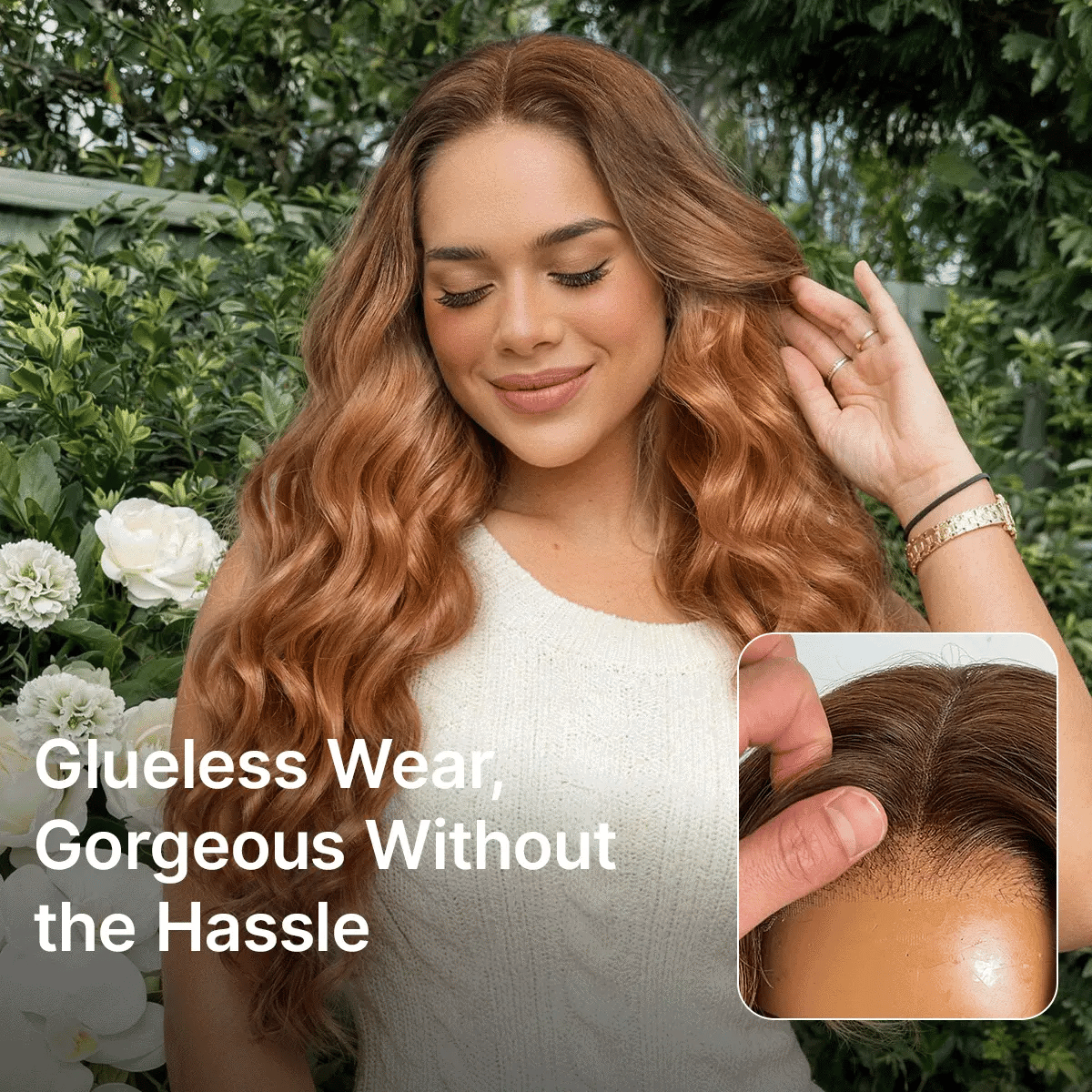 Luvme Hair Ombre Ginger loose wave HD lace wig with 5x5 closure, glueless, pre-cut lace, 180% density, and flexible fit.