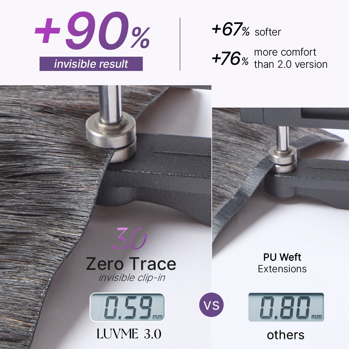 Luvme Hair Silky Straight 0.59mm invisible clip-in hair extensions, 100g, seamless blend, lightweight for daily styling.
