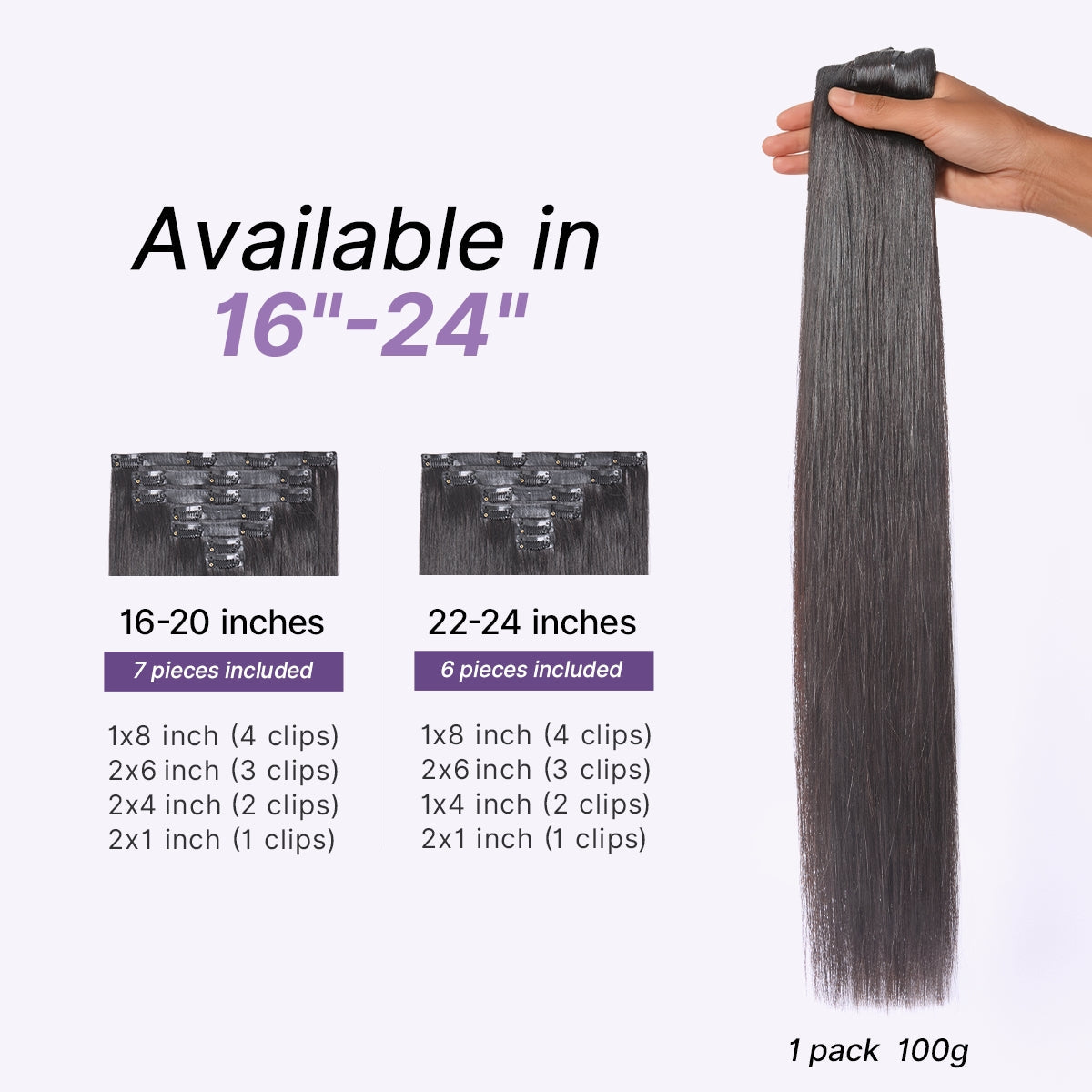 Luvme Hair Silky Straight clip-in hair extensions, 0.59mm invisible clips, seamless blend, lightweight for daily styling, 100g.