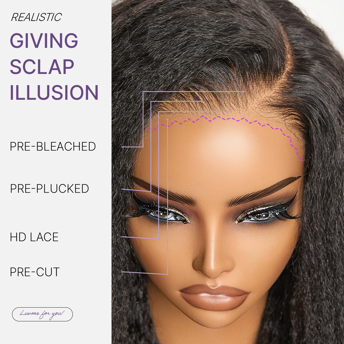Luvme All-Day Comfort Wig with natural black kinky straight to curly hair, 7x6 HD lace closure, glueless, pre-cut lace.