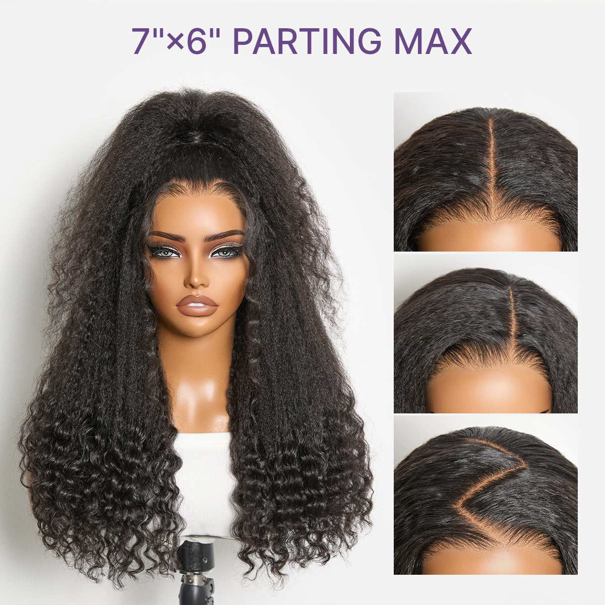 Luvme All-Day Comfort Kinky Straight to Curly 7x6 HD lace glueless wig with natural black color, pre-cut lace, and parting detail