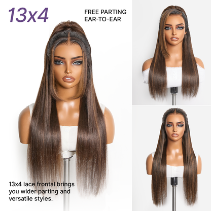 Luvme Hair PreMax chestnut brown wig with honey blonde highlights, silky straight 13x4 lace front, glueless long wig with pre-cut lace