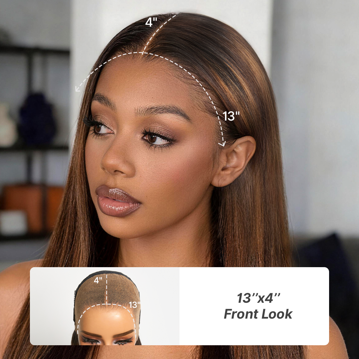 PreMax wig by Luvme Hair in chestnut brown with honey blonde highlights, silky straight 13x4 lace frontal, glueless long wig