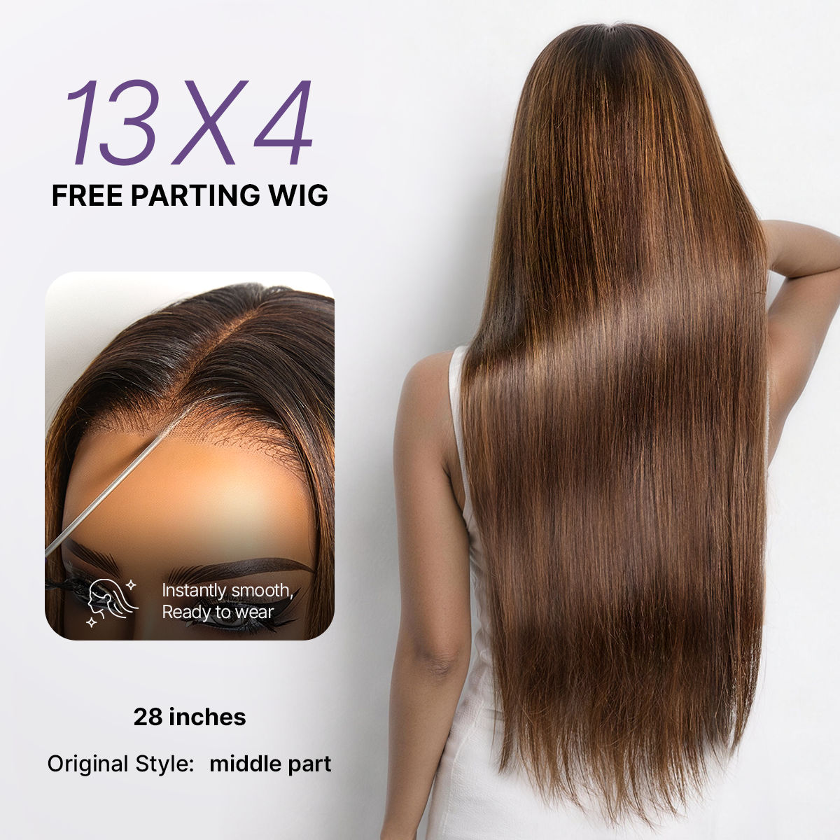 Luvme Hair PreMax wig in chestnut brown with honey blonde highlights, silky straight 13x4 lace frontal, glueless long wig with pre-cut lace