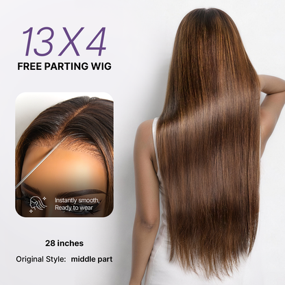 Luvme Hair PreMax wig in chestnut brown with honey blonde highlights, silky straight 13x4 lace frontal, glueless long wig with pre-cut lace