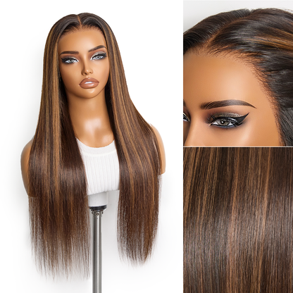 Luvme Hair PreMax long wig with chestnut brown and honey blonde highlights, silky straight 13x4 lace frontal, glueless, pre-cut lace