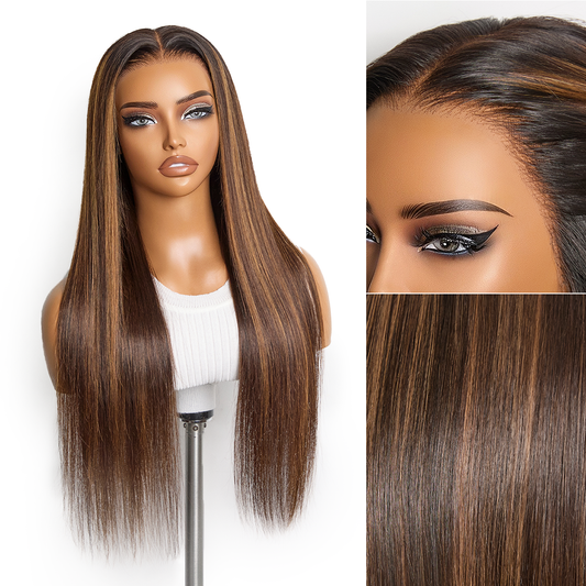 Luvme Hair PreMax long wig with chestnut brown and honey blonde highlights, silky straight 13x4 lace frontal, glueless, pre-cut lace