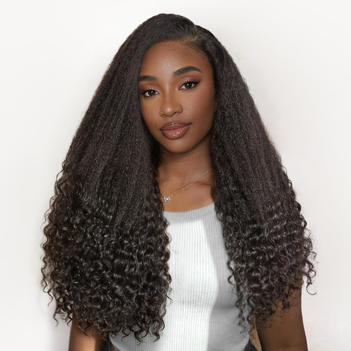 Luvme All-Day Comfort Kinky Straight to Curly HD Lace Glueless Wig with 7x6 closure in natural black, pre-cut lace for easy wear