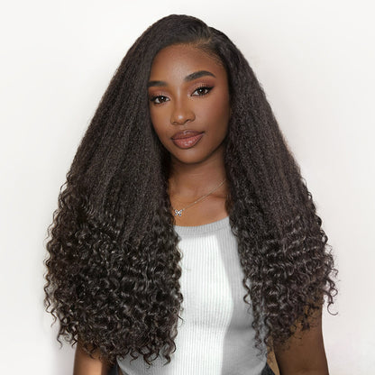 Luvme All-Day Comfort Kinky Straight to Curly HD Lace Glueless Wig with 7x6 closure in natural black, pre-cut lace for easy wear