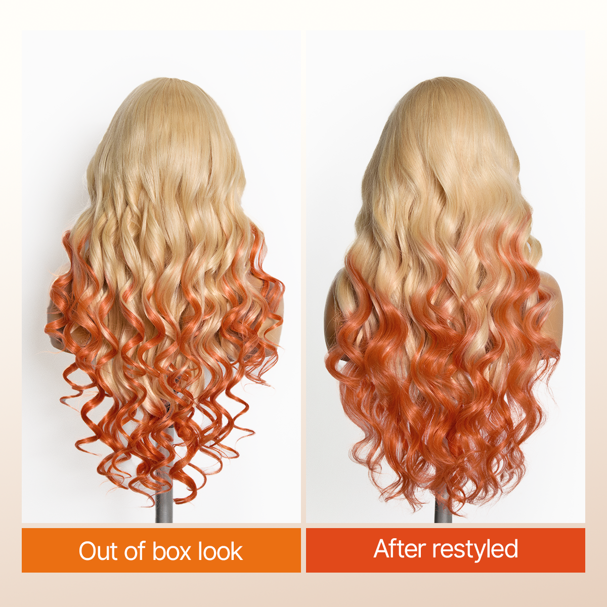 Luvme Hair 613 Blonde to Ginger Ombre Body Wave lace front wig with glueless ear-to-ear cap, pre-cut lace, and adjustable drawstring cap