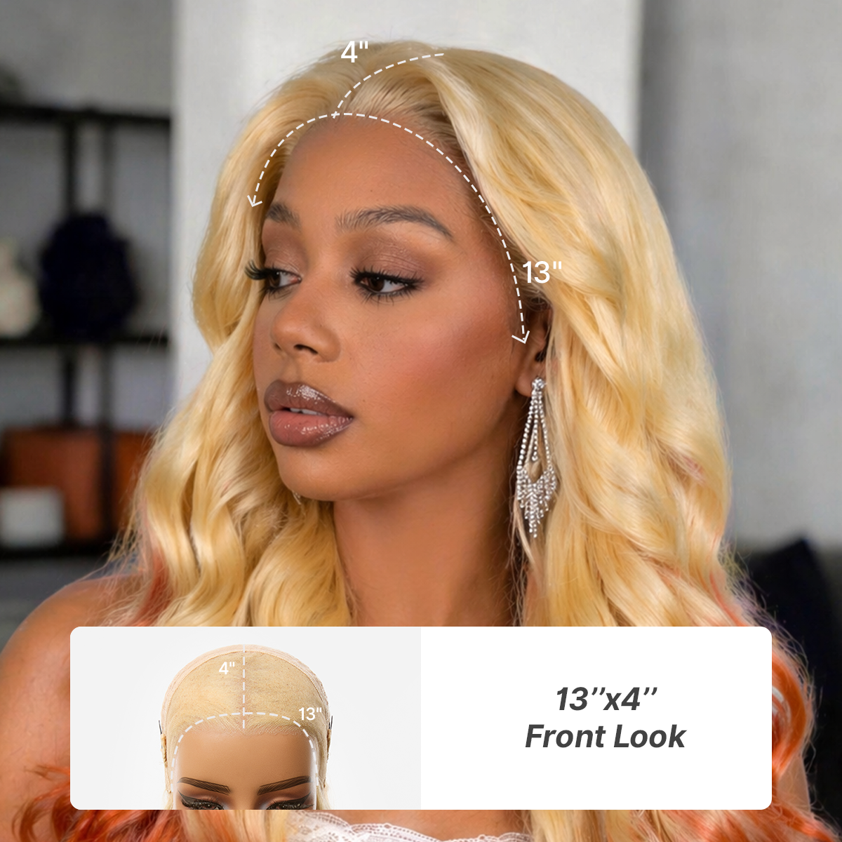 Luvme Hair 613 blonde to ginger ombre body wave lace front wig with glueless ear-to-ear 13x4 HD lace and adjustable flexi-fit drawstring cap