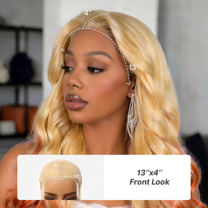 Luvme Hair 613 blonde to ginger ombre body wave lace front wig with glueless ear-to-ear 13x4 HD lace and adjustable flexi-fit drawstring cap