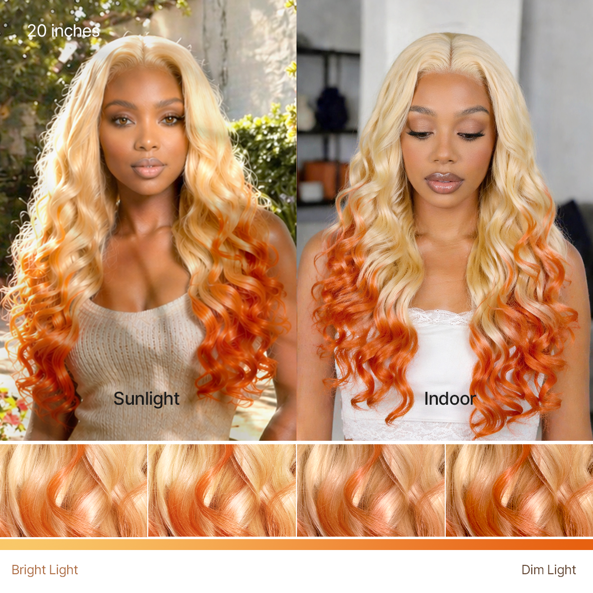 Luvme Hair 613 Blonde to Ginger Ombre body wave lace front wig with glueless ear-to-ear 13x4 HD lace and adjustable drawstring cap
