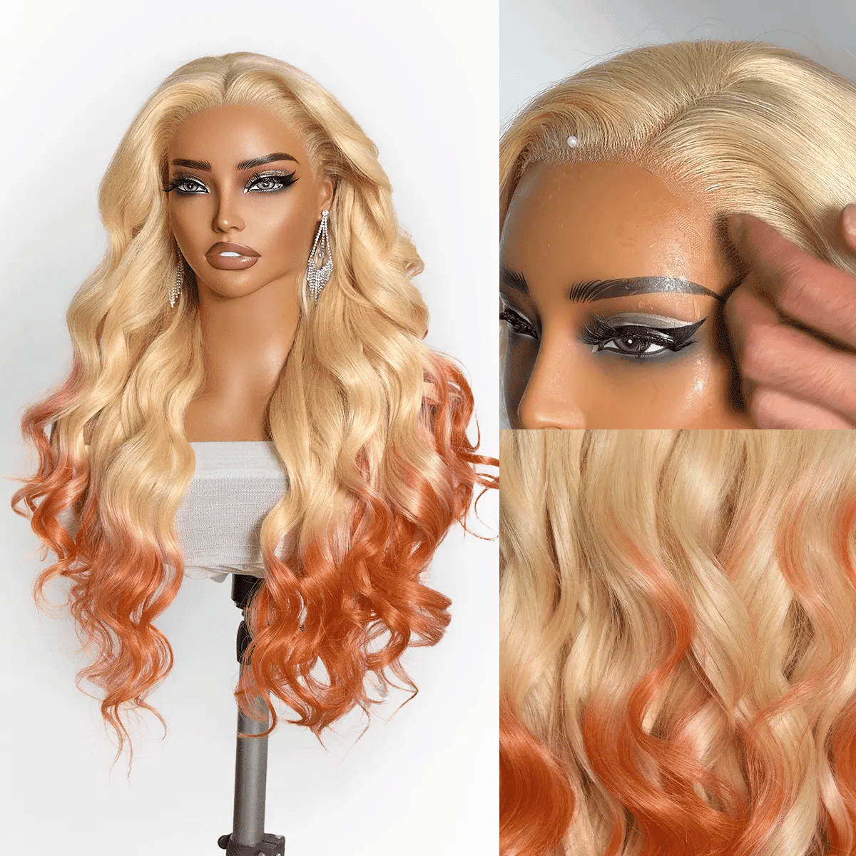 Luvme Hair 613 Blonde to Ginger Ombre body wave lace front wig with glueless ear-to-ear 13x4 HD lace, pre-cut lace, and adjustable drawstring cap