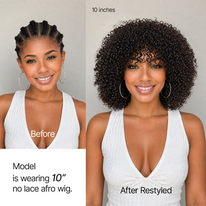 Natural black Afro curly no lace short wig by Luvme Hair featuring 200% density and glueless, easy-to-wear throw-on-and-go style