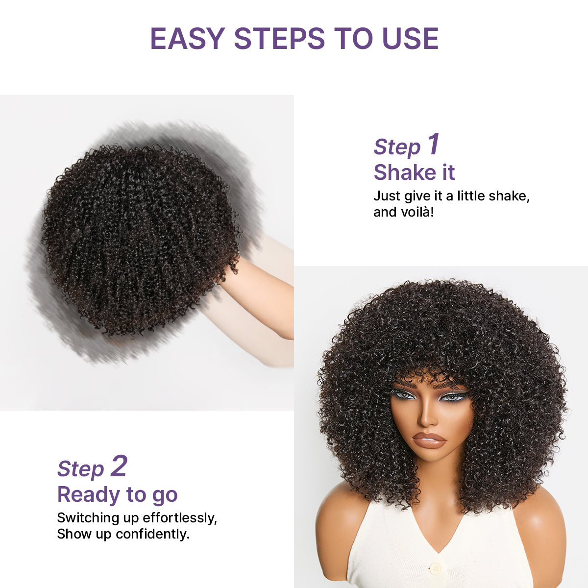 Luvme Hair black afro curly short wig with no lace, glueless and high-density 200% for natural volume and easy wear.