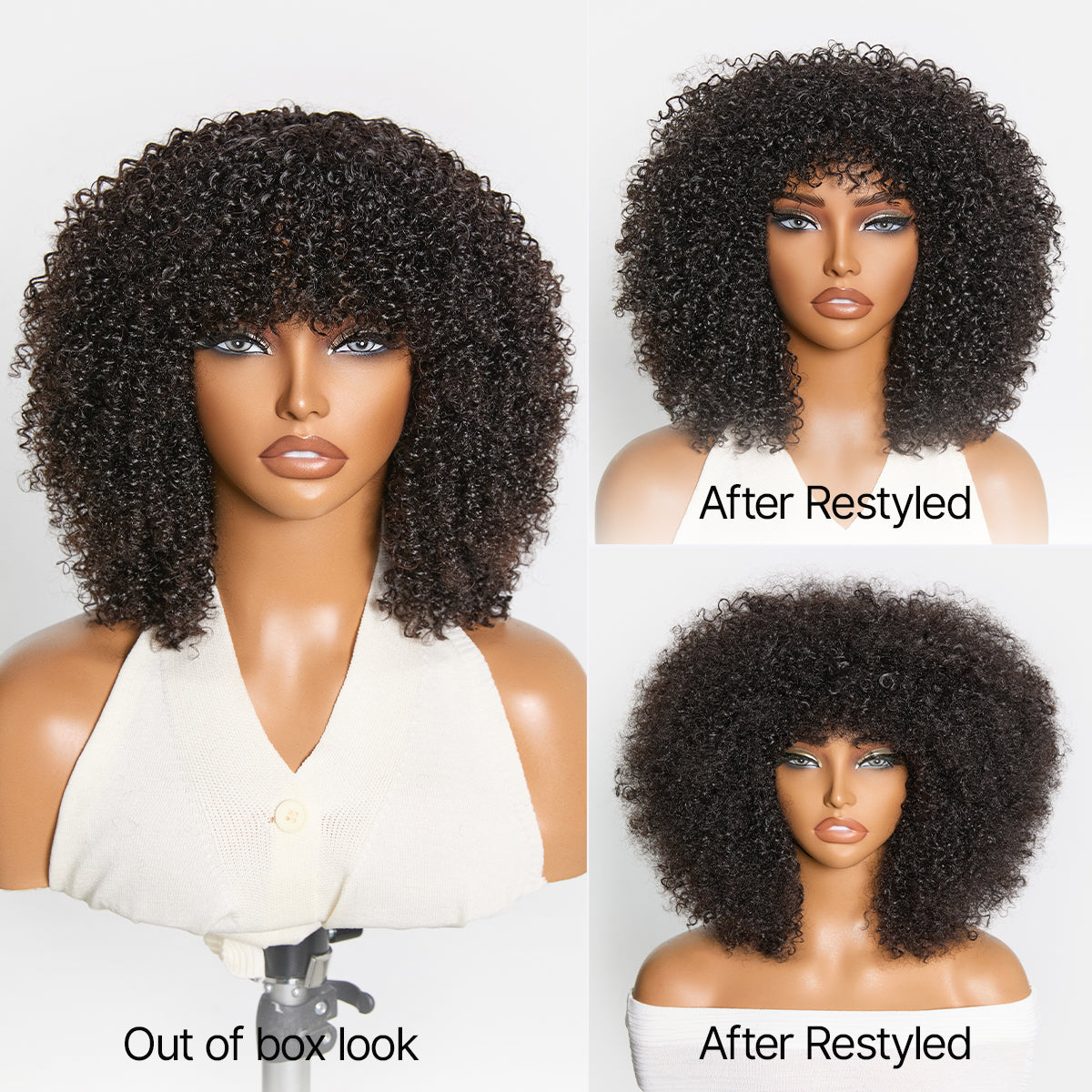 Luvme Hair black Afro curly short wig with 200% density, no lace, glueless, easy to wear, natural black color.