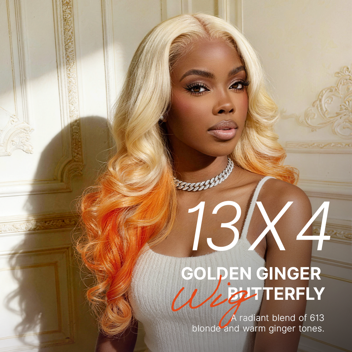 Luvme Hair 613 blonde to ginger ombre body wave lace front wig with pre-cut lace, ear-to-ear 13x4 HD lace, and adjustable drawstring cap