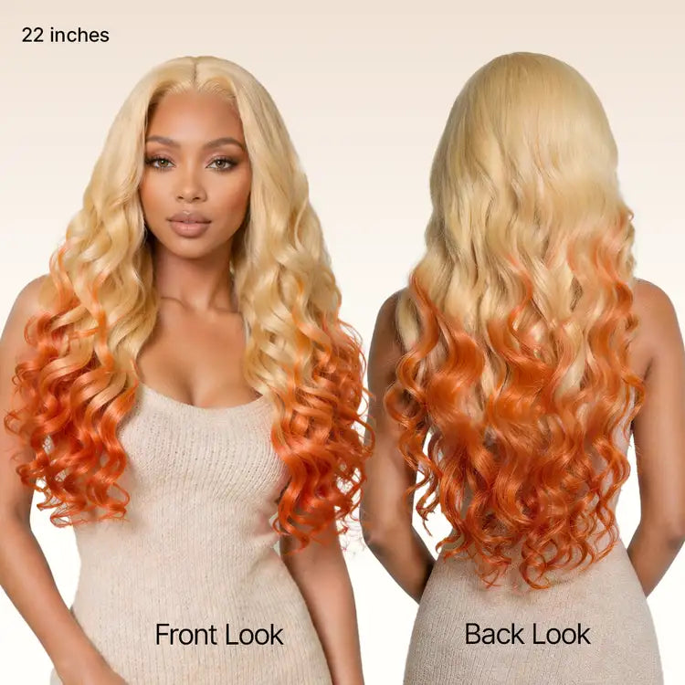 Luvme Hair 613 blonde to ginger ombre body wave HD lace front wig with glueless ear-to-ear lace and adjustable drawstring cap