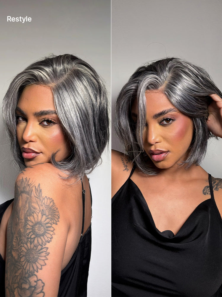 Boss Vibe layered grey lace wig by Luvme Hair, minimalistic pre-cut HD lace bob with salt and pepper color, glueless style.