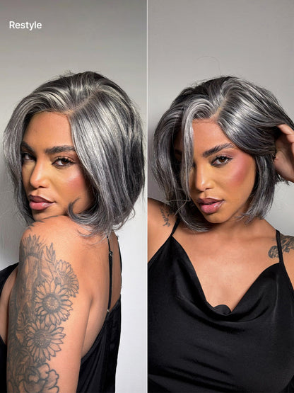 Boss Vibe layered grey lace wig by Luvme Hair, minimalistic pre-cut HD lace bob with salt and pepper color, glueless style.