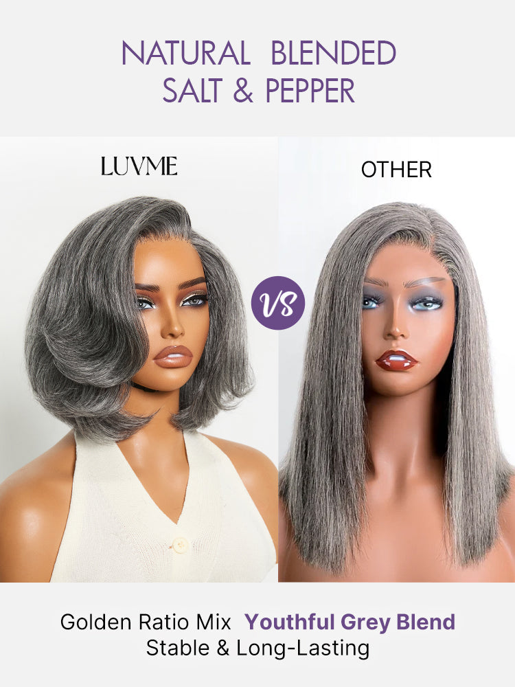 Boss Vibe salt and pepper layered bob lace wig by Luvme Hair, featuring a minimalist, glueless HD lace design with grey color.