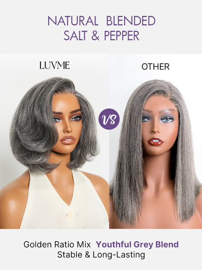 Boss Vibe salt and pepper layered bob lace wig by Luvme Hair, featuring a minimalist, glueless HD lace design with grey color.