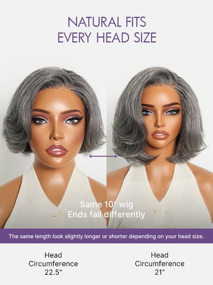 Luvme Hair Boss Vibe salt and pepper layered bob glueless lace wig with minimalist HD lace in grey color, styled with a sleek, layered cut.