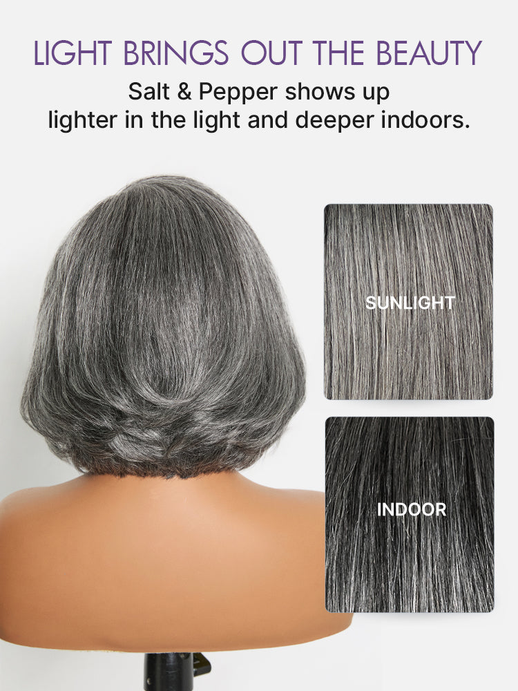 Luvme Hair Boss Vibe Salt & Pepper layered bob minimalist lace wig with HD lace, grey color, glueless, pre-cut style.