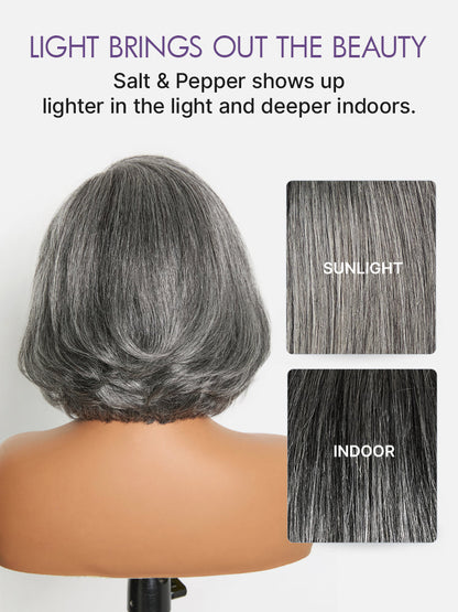 Luvme Hair Boss Vibe Salt & Pepper layered bob minimalist lace wig with HD lace, grey color, glueless, pre-cut style.