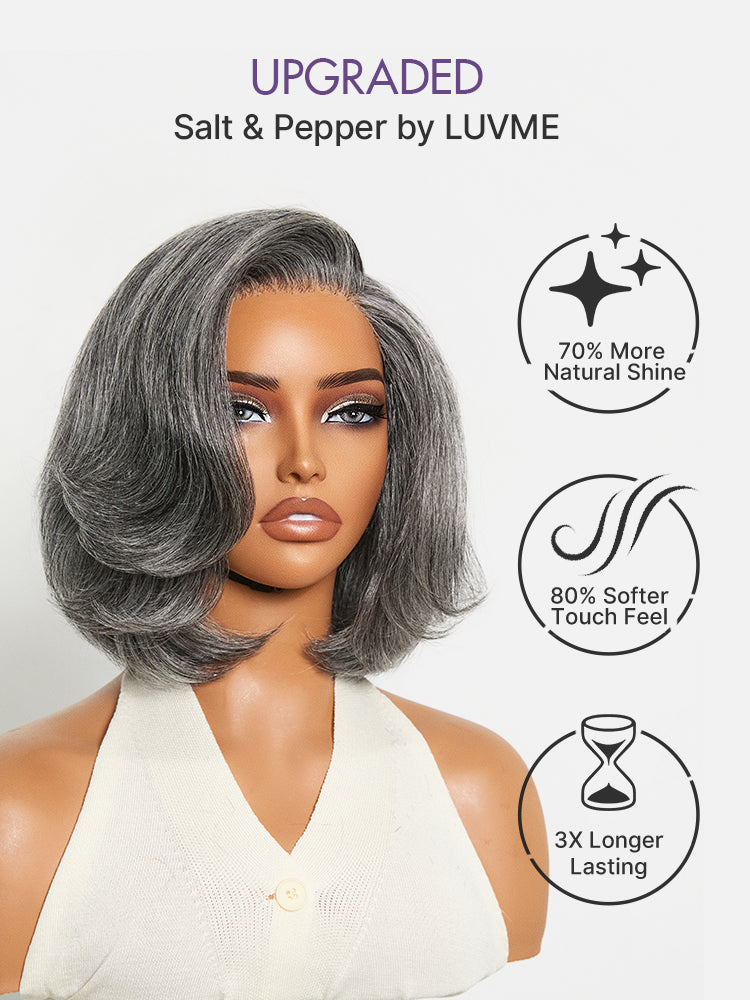Luvme Hair Boss Vibe Salt & Pepper layered bob glueless lace wig with HD lace in grey, minimalist style, pre-cut for easy wear.