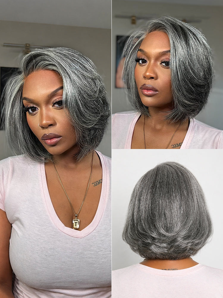 Luvme Hair Boss Vibe salt and pepper layered bob minimalist lace wig with glueless design and HD lace in grey color.