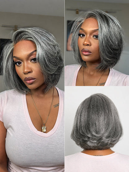 Luvme Hair Boss Vibe salt and pepper layered bob minimalist lace wig with glueless design and HD lace in grey color.