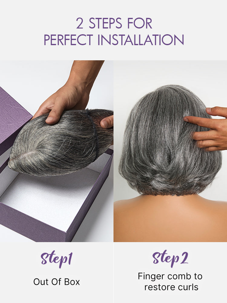 Boss Vibe layered grey lace wig by Luvme Hair, glueless minimalist bob with HD lace and salt & pepper color, pre-cut and easy to wear.