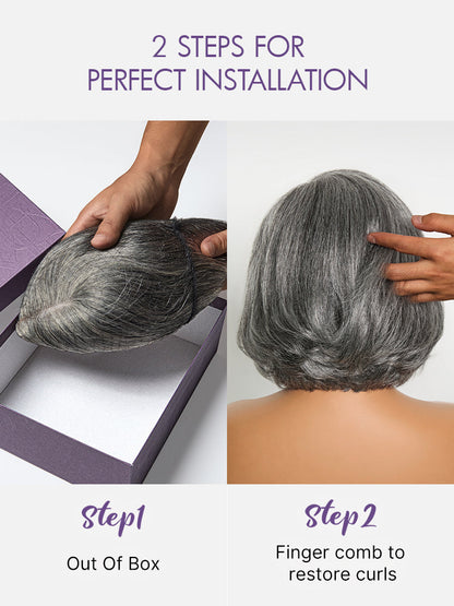 Boss Vibe layered grey lace wig by Luvme Hair, glueless minimalist bob with HD lace and salt & pepper color, pre-cut and easy to wear.