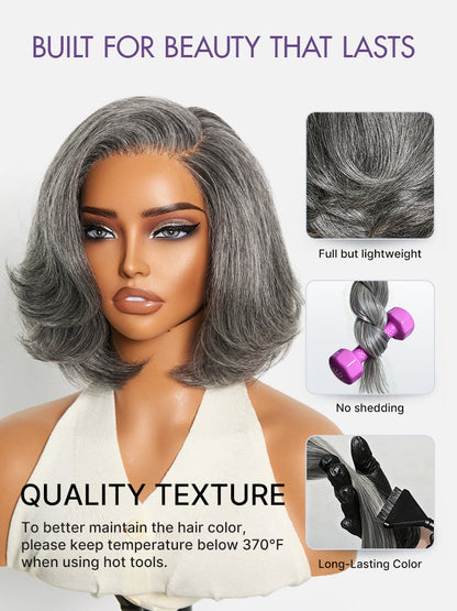 Boss Vibe salt and pepper layered bob minimalist lace wig by Luvme Hair, showing close-up of grey HD lace and pre-cut style
