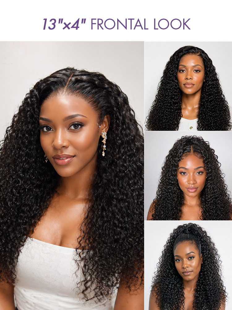 Luvme Hair PreMax 180% density water wave glueless lace wig with 13x4 frontal, flexible fit, curly texture, and ponytail style.