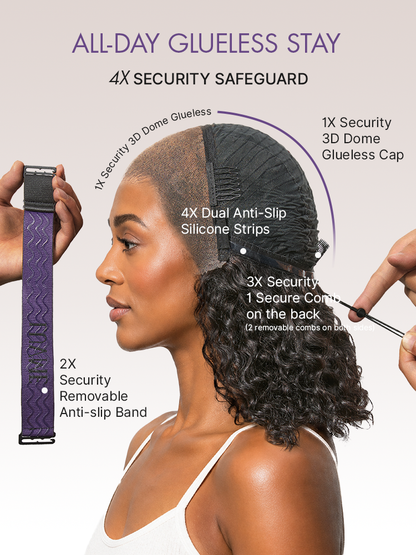 Luvme Hair PreMax 180% Density Water Wave Glueless Lace Front Wig with 13x4 frontal, flexible fit, fluffy curly style, and ponytail option.