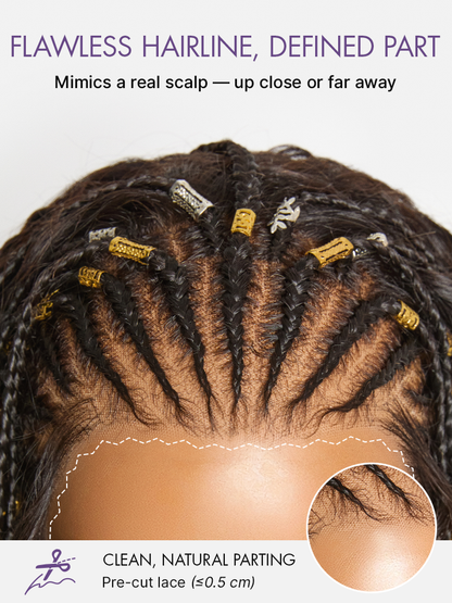 Natural black boho cornrow braid wig with deep curly 13x4 lace frontal, long pre-cut lace, by Luvme Hair.