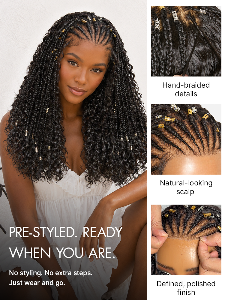 Natural black boho cornrow braids with deep curly lace frontal wig by Luvme Hair, featuring pre-cut lace and long, styled curls