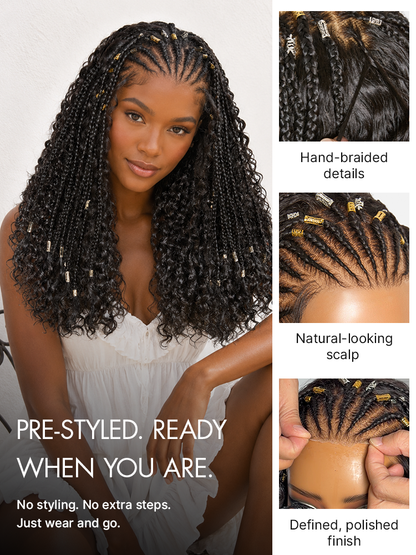 Natural black boho cornrow braids with deep curly lace frontal wig by Luvme Hair, featuring pre-cut lace and long, styled curls