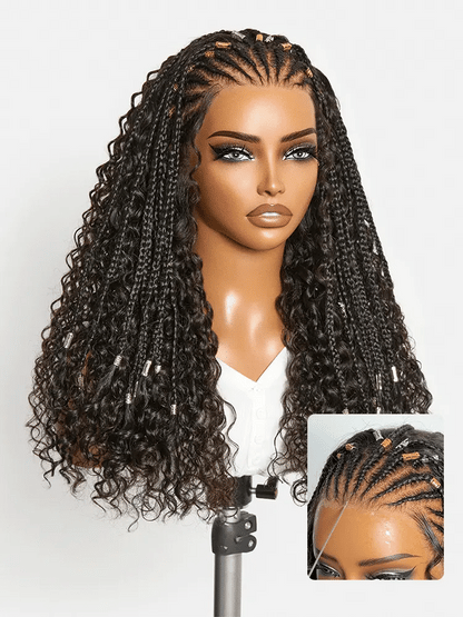 Natural black boho cornrow braids wig with 13x4 lace frontal, deep curly long wig by Luvme Hair with pre-cut lace.