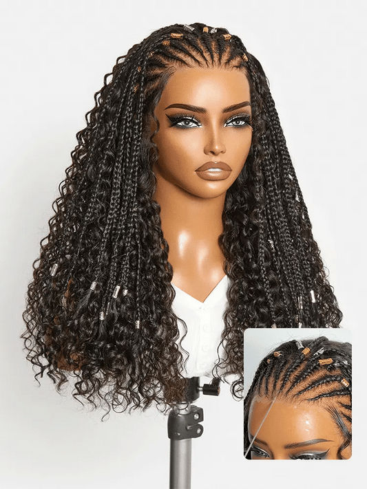 Natural black boho cornrow braids wig with 13x4 lace frontal, deep curly long wig by Luvme Hair with pre-cut lace.