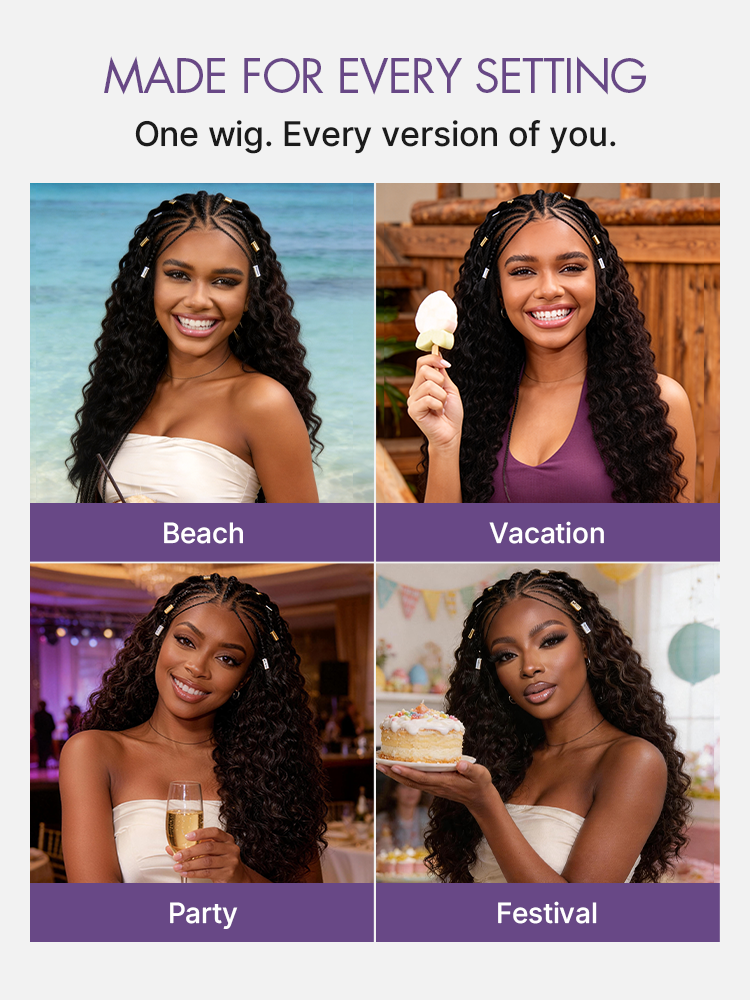 Luvme Hair Boho Fulani Braids Water Wave 13x4 frontal lace wig with pre-cut lace, human hair, natural water wave texture