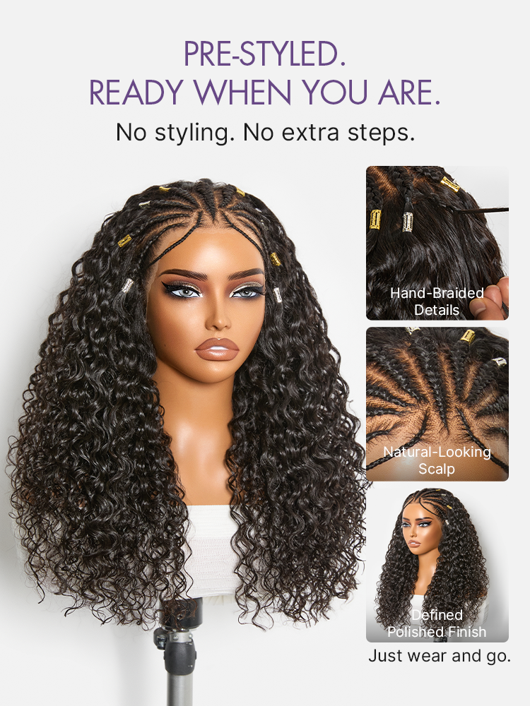 Luvme Hair Boho Fulani Braids Water Wave 13x4 frontal lace wig with pre-cut lace, human hair, natural water wave style.