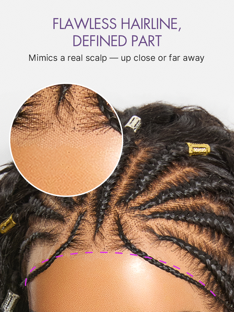 Luvme Hair Boho Fulani Braids Water Wave 13x4 frontal lace wig with pre-cut lace, human hair, natural style.