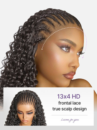 Luvme Hair Readitress Knotless Fulani Braids Deep Wave HD Lace Wig with 13x4 frontal, glueless human hair, ear-to-ear coverage.