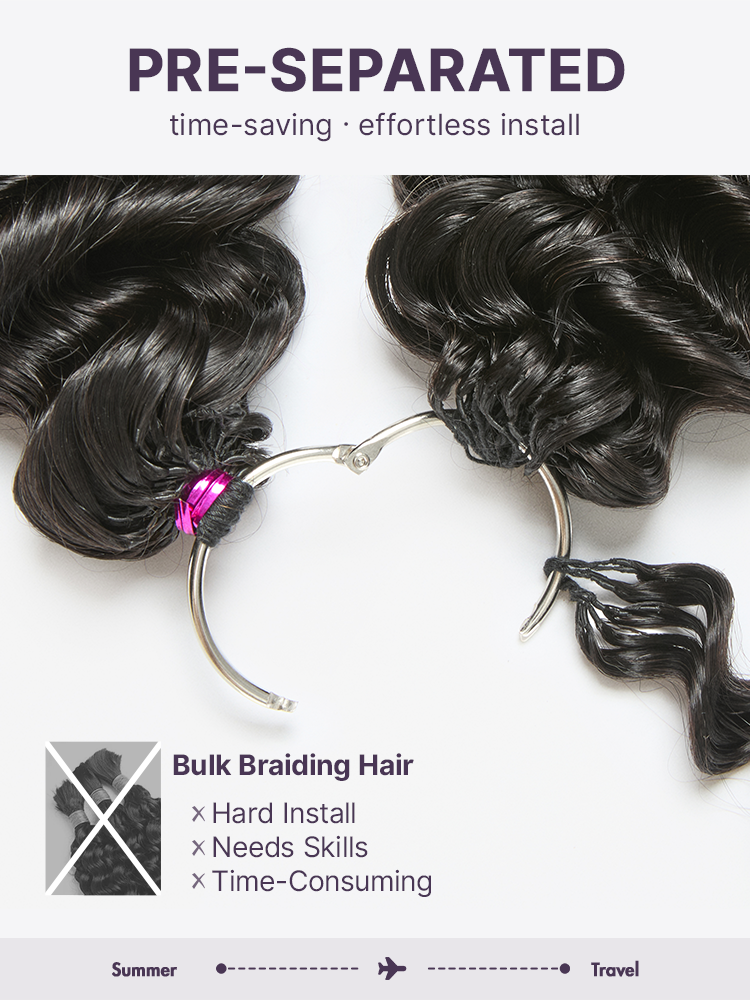 Luvme Hair Readitress™ pre-separated feather crochet human hair in deep wave and Burmese curly styles for boho braids.